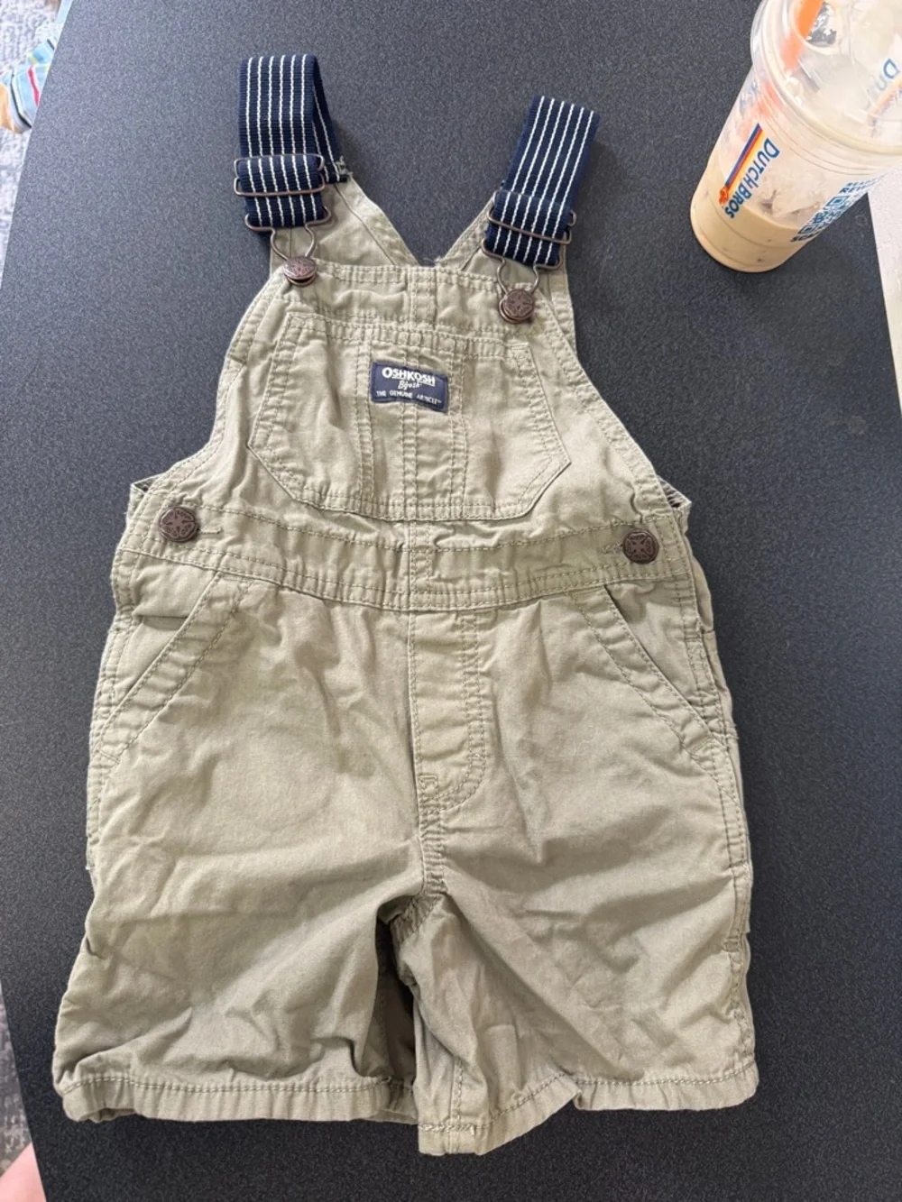 OshKosh B'gosh Olive Green Shortalls with Striped Navy Straps